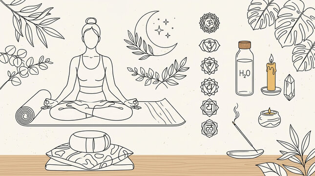 Line art illustration of a woman practicing yoga with meditation accessories and chakra symbols.