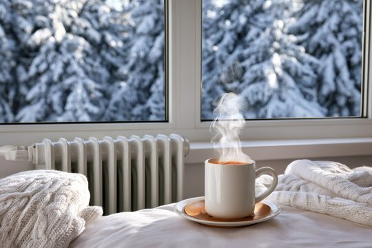 Steaming coffee mug on bed in cozy winter room