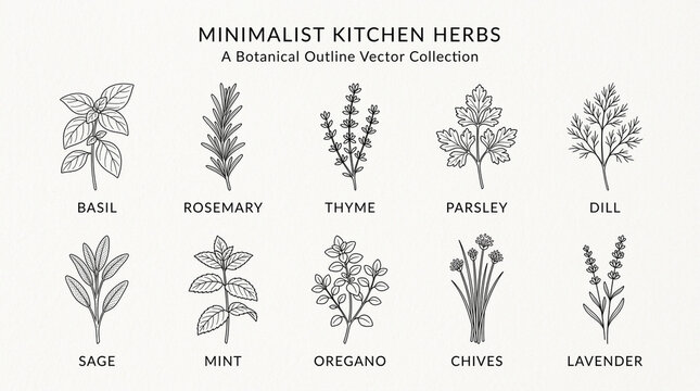 Minimalist kitchen herbs collection featuring botanical outline vector illustrations of various aromatic culinary plants.