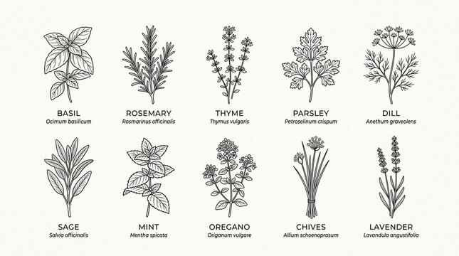 Set of hand drawn culinary herbs and aromatic plants with botanical names in a vintage sketch style.