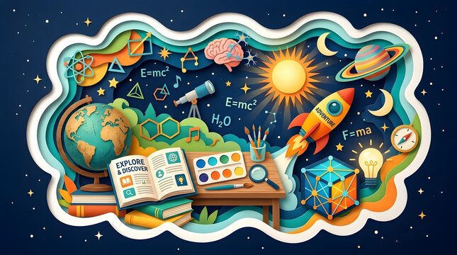 Colorful illustration representing a creative back to school concept featuring science astronomy and education themes for students learning about the vast universe
