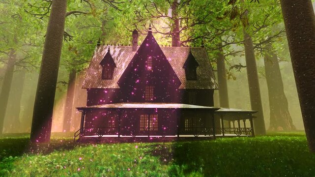 4K Wooden House in a Deep Magic Forest Seamless Looping Animation