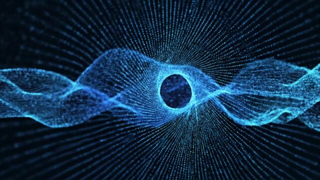 Abstract 3D infinity loop glowing in neon blue. Futuristic wireframe symbol for technology and innovation.