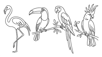 Naklejka premium Set of hand drawn tropical birds including flamingo toucan parrot and cockatoo in outline style.