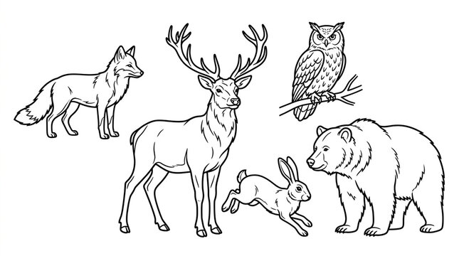Set of wild forest animals including deer fox bear owl and rabbit line art illustrations.