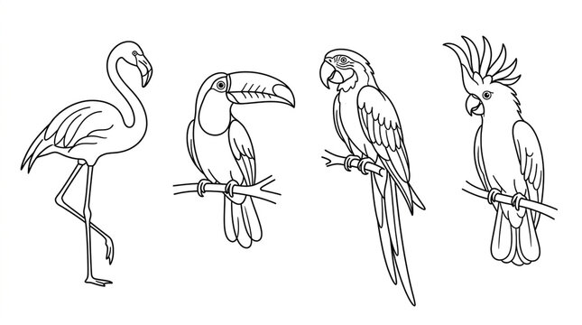 Set of hand drawn exotic tropical birds including flamingo toucan macaw and cockatoo for coloring book.