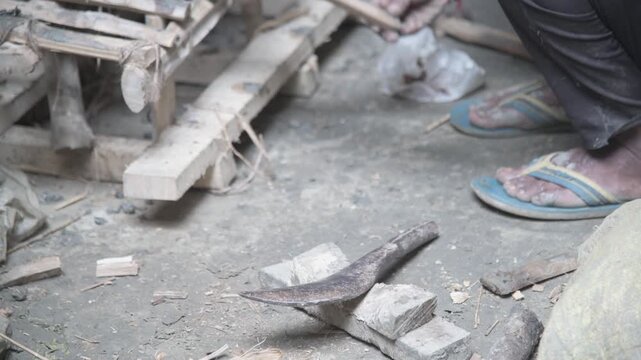 Traditional Carpenter Shaping Wood with Hand Tool Close-Up