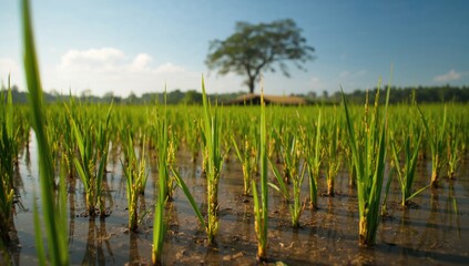 Fototapeta premium Green Rice Seedlings Growing in a Flooded Field Under Sunny Sky