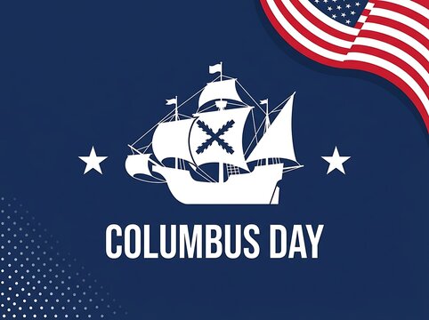 Columbus day greeting card design with vintage sailing ship and american flag on blue background