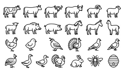 Naklejka premium Modern Livestock and Poultry Outline Icons Collection Commercial Vector Pack