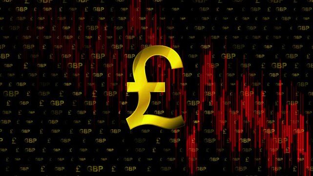 Golden British pound symbol and bearish financial chart motion design. Various icons and symbols on a black background. Seamless loop. Video animation Ultra HD 4K 3840x2160