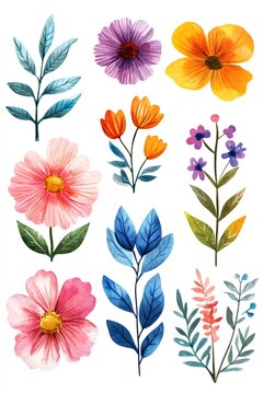 Watercolor floral botanical illustration set of various blooming flowers