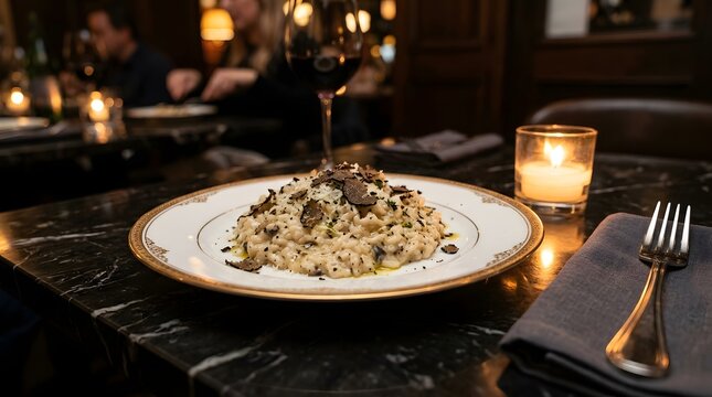 Gourmet truffle risotto served on a fine porcelain plate with a gold rim, placed on a black marble table next to a warm glowing candle