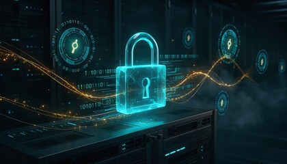 Obraz na płótnie Canvas A glowing digital padlock floats above server racks in a dark data center. This conceptual image, featuring no people, evokes cybersecurity, privacy, and advanced protection of confidential data.