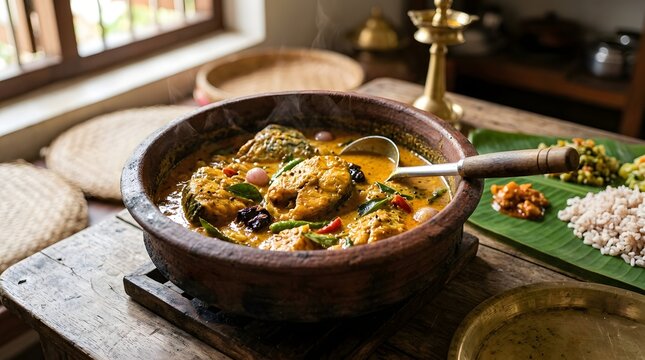 Traditional keralastyle fish curry served in a rustic clay pot, featuring tender fish pieces in a rich, golden coconutbased gravy