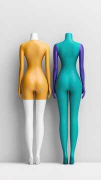 Female clothing mannequins. Colorful plastic store display forms.