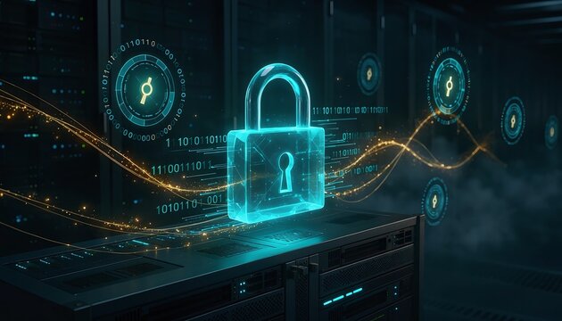 A glowing digital padlock floats above server racks in a dark data center. This conceptual image, featuring no people, evokes cybersecurity, privacy, and advanced protection of confidential data.