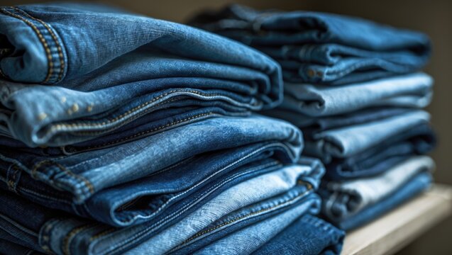 Pile of Different Shades of Blue Jeans Against a White Background, showcasing denim jeans texture.