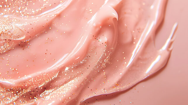 Pink cosmetic cream smear texture with shimmering glitter, macro lip gloss or liquid lotion swatch background