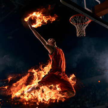 In action, the basketball player holds a flaming ball, preparing for a powerful slam dunk. On a professional court, he jumps to throw the ball into the hoop. An athletic male athlete, in the midst of 