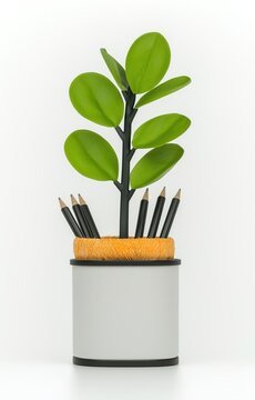 Desk pencil holder. Office stationery organizer with plant.