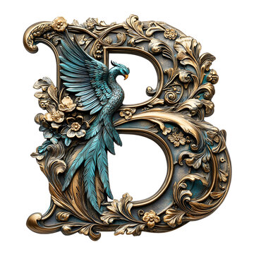 Ornate Letter B with Blue Bird and Floral Decoration