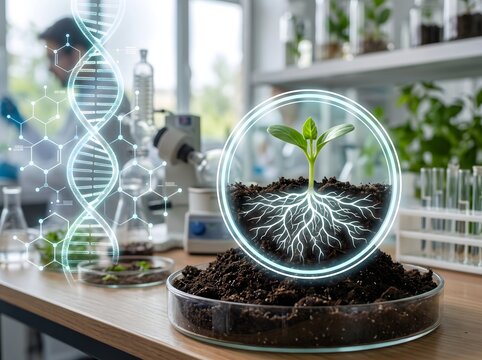 Growing seedling with visible roots and dna helix in a laboratory setting