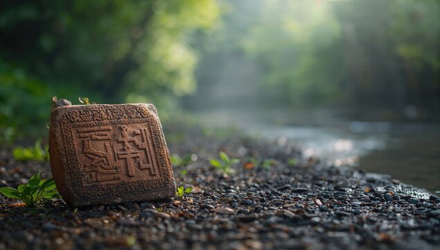 Ancient Stone Tablet with Intricate Symbols by a Serene Riverbank in Soft Morning Light