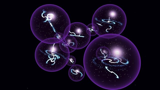 Abstract 3D animation of purple cosmic bubbles representing a multiverse of quantum energy