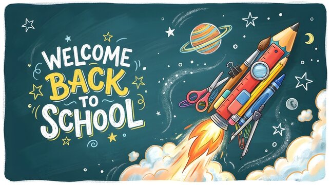 Colorful hand drawn illustration featuring a rocket ship flying through space with the text welcome back to school for educational classroom decoration