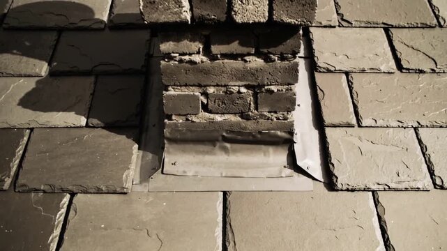 Zooming camera exposing brick chimney cap and mortar gaps on slate roof to inspect