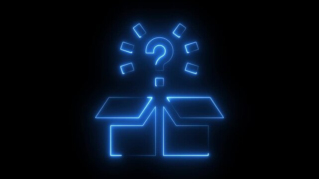 Neon glowing question mark emerging from open box animation, concept of mystery and innovation