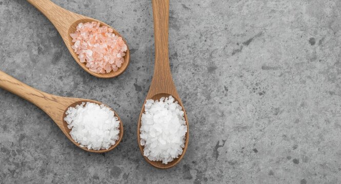 Assorted Sea Salts in Wooden Spoons on Gray Background