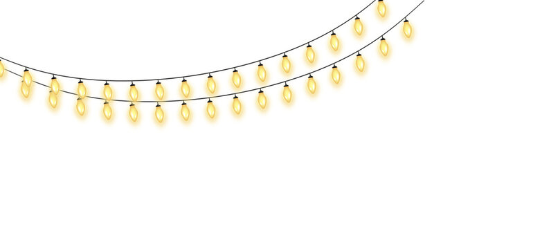 Glowing yellow string lights hanging on black wire against white background with arrangements illuminated yellow wires against clean three arrangements
