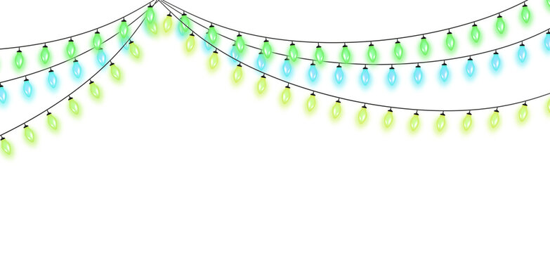 Glowing green and blue light bulb strings with displays hanging strings against white background bulbs against new year illumination illustration