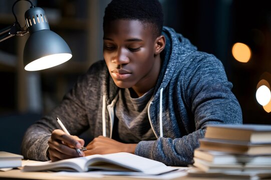Young student studying late at night for exams