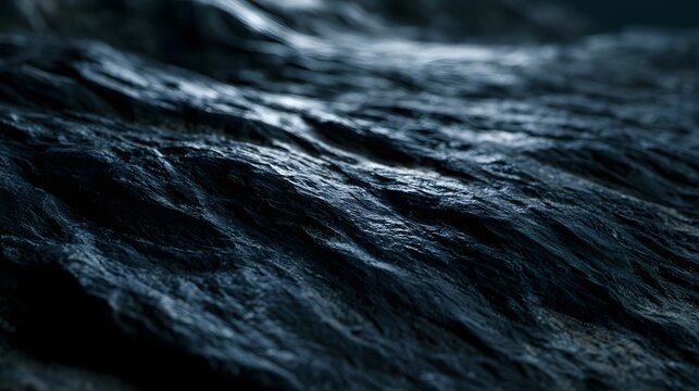 Close up of dark textured stone surface showing natural rugged patterns and subtle highlights under soft lighting