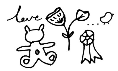 Hand-drawn love-themed doodle with cute animals and hearts. Whimsical romantic sketch featuring affectionate cartoon characters and floral elements.