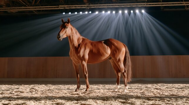 Chestnut horse standing in spotlight during equestrian event