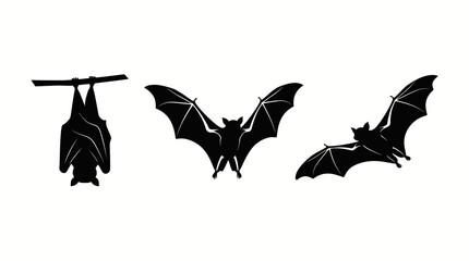 Fototapeta premium Set of Three Black Bat Silhouettes Hanging and Flying for Halloween Design Isolated on White Background