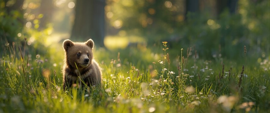 Brown Bear Cub Exploring a Sunlit Meadow with Wildflowers