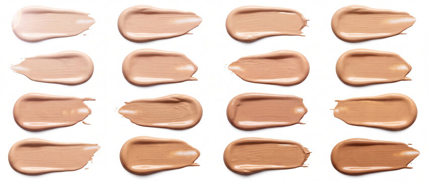Foundation swatches of liquid makeup shades displayed on a clean white background show smooth concealer textures for beauty catalog, skin tone testing, and cosmetic banner design