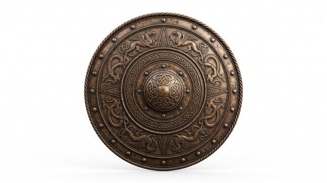 An ancient, circular shield, crafted from weathered metal and adorned with intricate embossed patterns and studs, stands as a symbol of historical defense and warrior heritage.