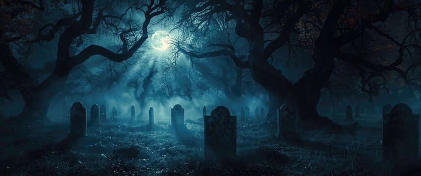 Mysterious Graveyard Under a Full Moon with Eerie Fog and Dark Trees