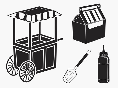Four unique street food elements food cart, paper food box, serving spatula, and sauce bottle. Solid black vector silhouettes on a pure white background, arranged in a clean grid, equal spacing, 