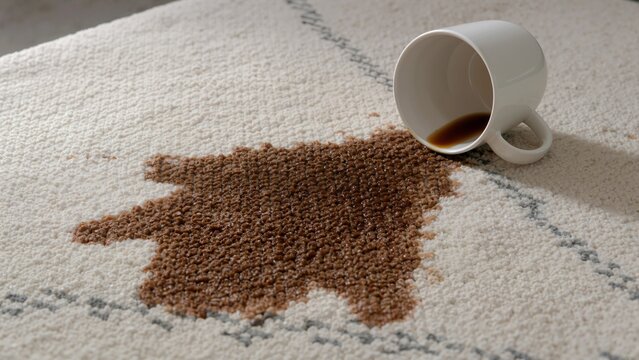 Spilled coffee creating a dark stain on a white textured rug. Tipped ceramic mug on a living room carpet. Household accident and cleaning concept