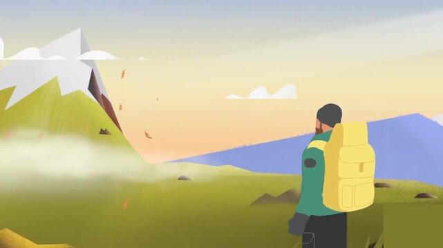 Hiker Pointing at Snowy Mountain Peak 2D Animation Motion Graphics