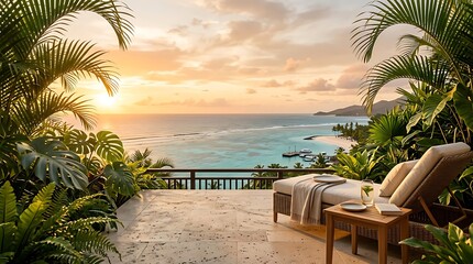 Fototapeta premium Luxury Tropical Resort Balcony Overlooking Turquoise Ocean at Sunset