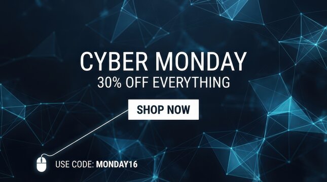 Cyber Monday Cyber Monday online shopping banner with network connectivity background 30 percent off discount code and call to action button