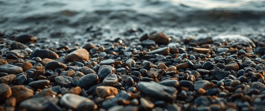 Pebbles on a Shoreline with Gentle Waves at Sunset